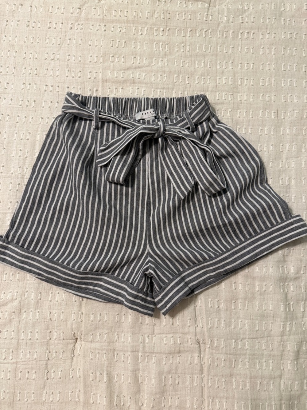 FAVLUX Gray and White High-Waist Striped Paperbag Shorts with Tie